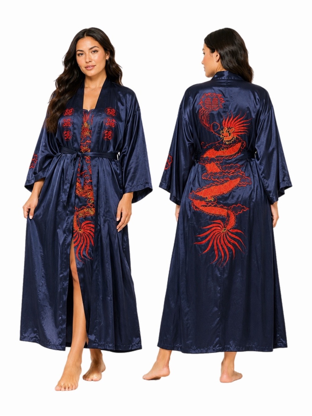 90s European Vintage Satin Dragon Embroidered Kimono Maxi Robe (Navy) O/S